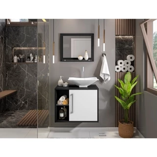 Conjunto Banheiro com Gabinete Suspenso Preto e Branco Cuba de Apoio e Espelho Moderno e Sofisticado em Oferta na Shopee