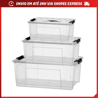 Kit Caixas Organizadoras tampa Plástico Transparente Trava Alça 7L 12L 20L Multiuso Casa em Oferta na Shopee