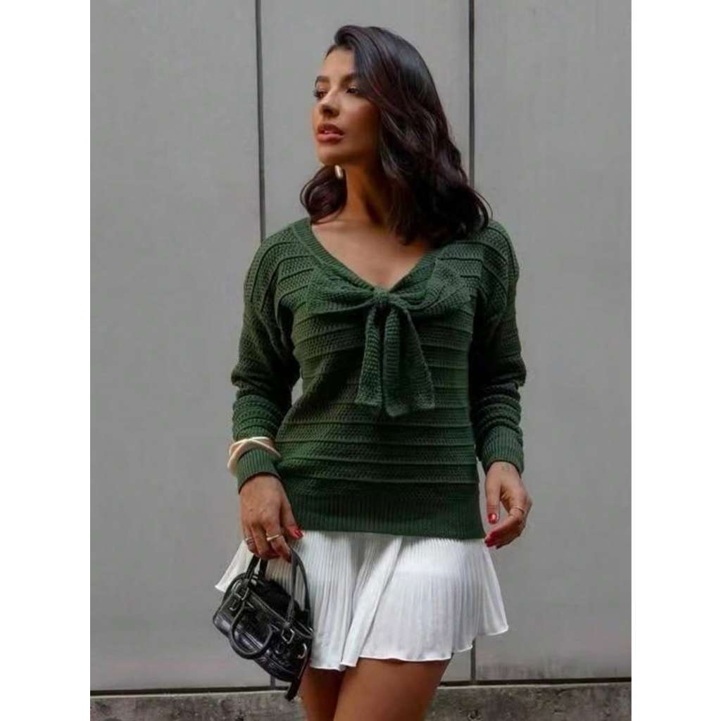 Blusa Tricô Feminina com Laço Dupla Face – Manga Longa Estilo Elegante ...