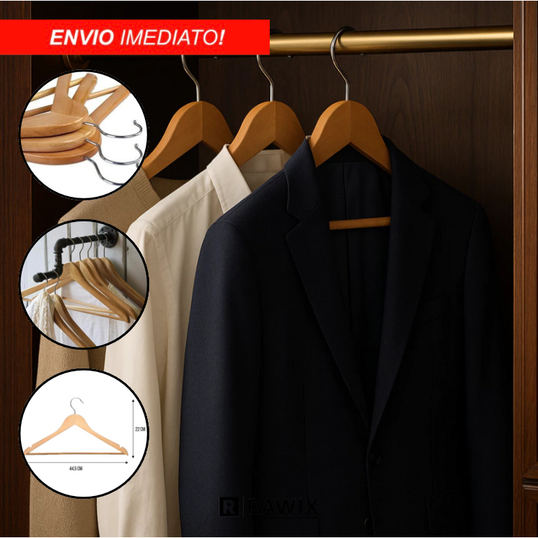 Kit 3 Unidades Cabides Para Roupa De Madeira com Verniz Guarda Roupa ...