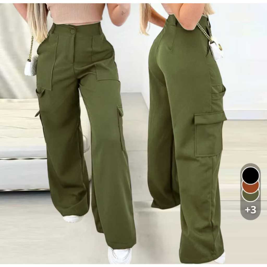 Calça Cargo Verde militar Alfaiataria Feminina Pantalona WideLeg com ...