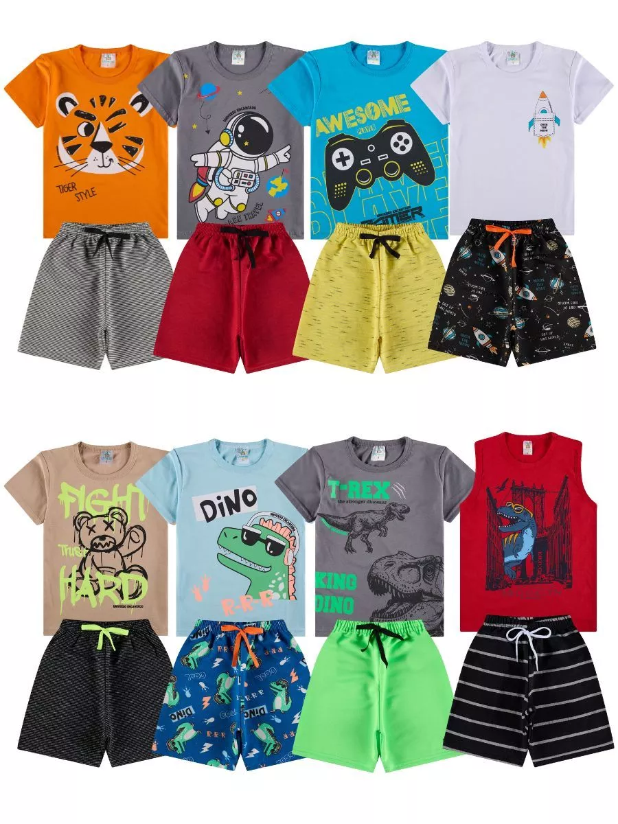 Catálogo exibindo oito conjuntos diferentes de roupas infantis masculinas, com camisetas e regatas em cores como laranja, cinza, azul, branco, bege e vermelho, combinadas com bermudas variadas lisas, listradas e estampadas.