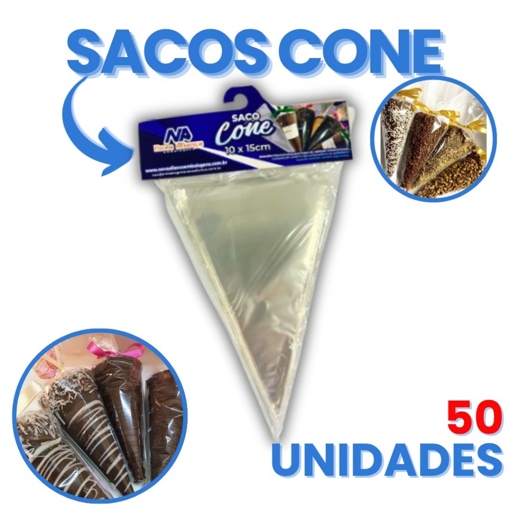 Sacos Saquinhos Cone Trufado de Plástico BOPP Transparente - 12x25 50 ...
