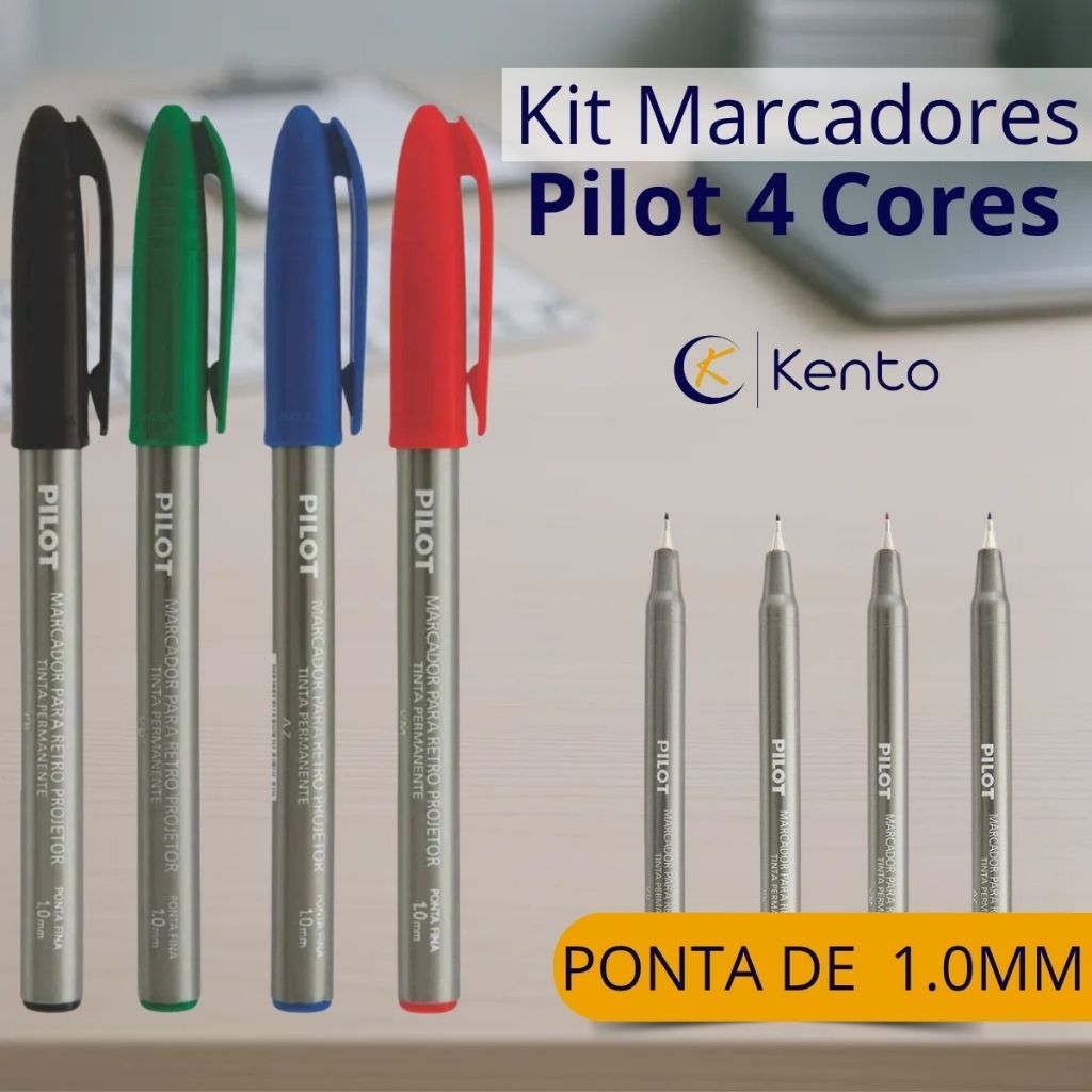 Kit Canetas Marcador Permanente Retroprojetor 4 Cores Pilot 1.0mm Ideal para CDs DVDs Plásticos Vinil Acrílicos Vidros
