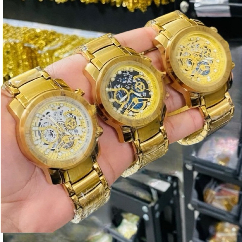 Relógio Masculino PROVA D'ÁGUA Linha Completa Masculina Dourada Banhada á Ouro 18K Aço Inoxidável