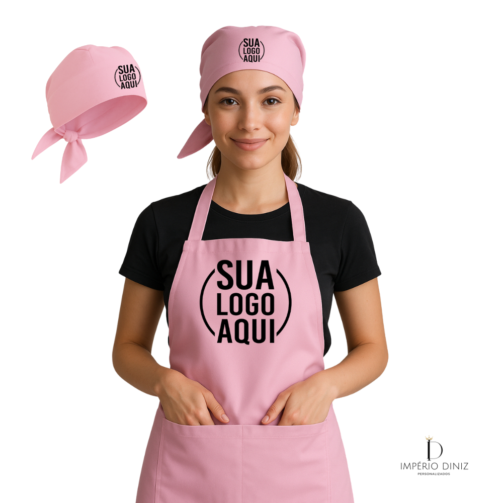 kit Avental +Touca Frente Unica Jaleco Rosa bebe Com Sua Log