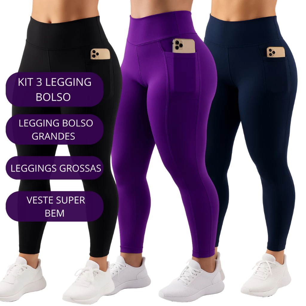 Kit 3 Calça Legging Feminina com Bolso Lateral Fitness Esportiva ideal guardar objetos
