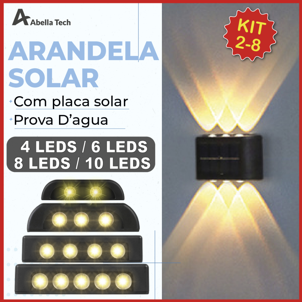 Kit 8 Luminária Arandela Solar 4 6 8 10 LED Luz Branco Quente para Parede a Prova dágua Spot parede