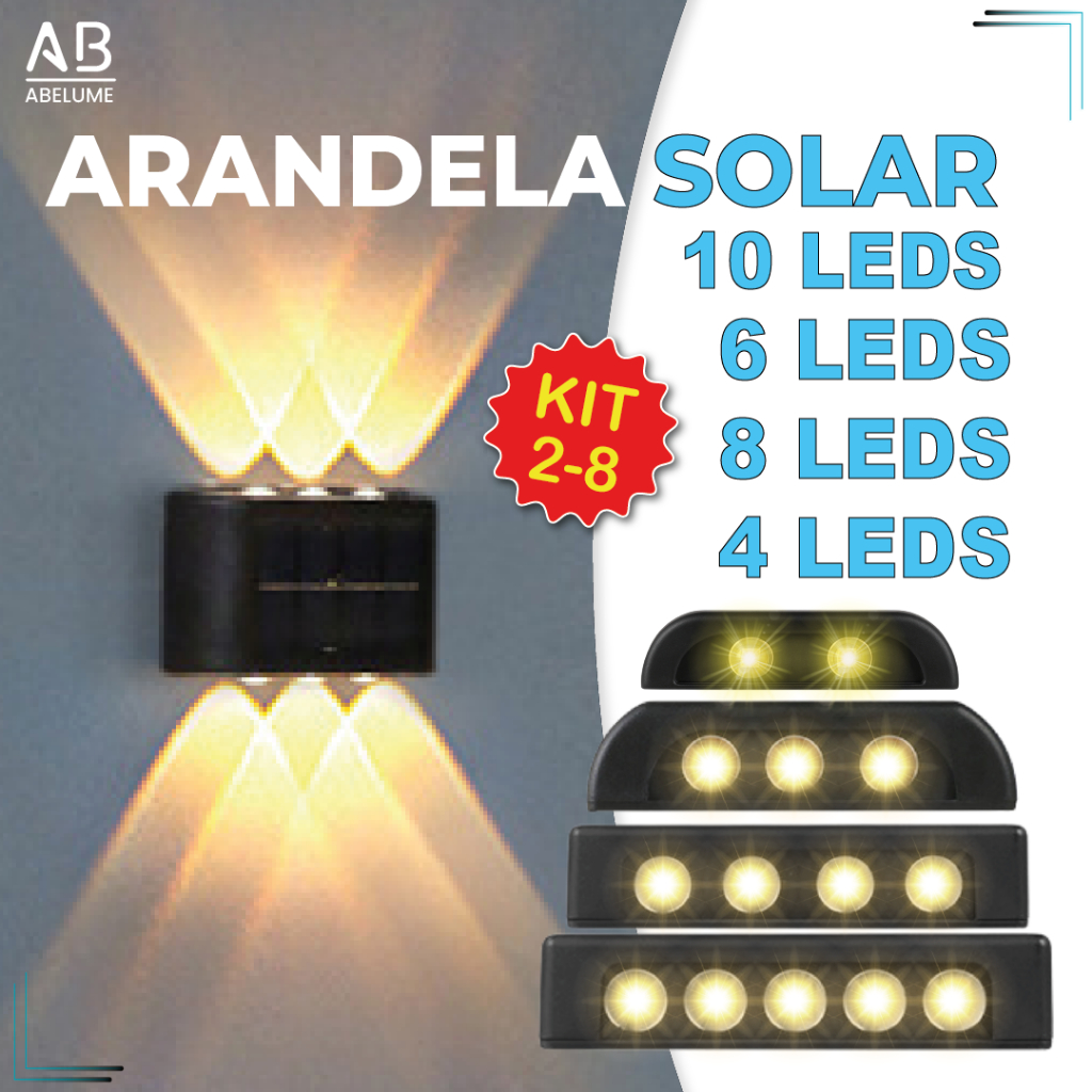 Kit 8 Luminária Arandela Solar 6 8 e 10 LED Luz Branco Quente para Parede a Prova dágua Spot parede