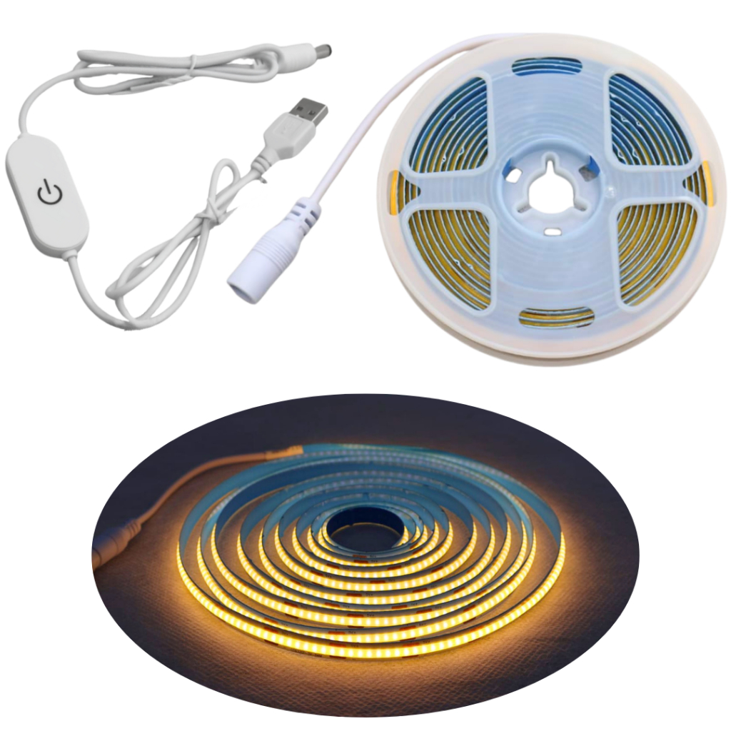 Fita Led 320 Cob 2m e 3m 5v Usb Branco Quente 3000k Amarela dimerizavel decoração casa quarto Pc Dupla face