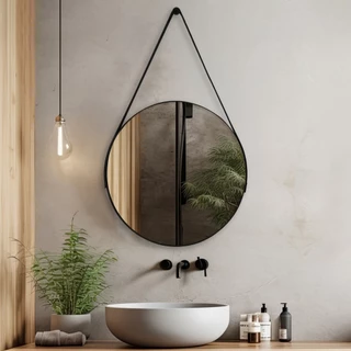 Espelho Adnet com Alça e Suporte Couro Redondo 60cm 50cm 40cm 30cm Sala Banheiro Quarto
