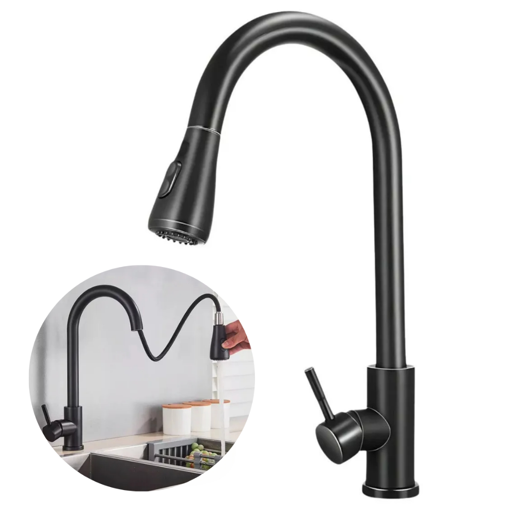Torneira De Cozinha Monocomando Bancada Gourmet Premium Preto Aço Inox com Extensor Dois Jatos