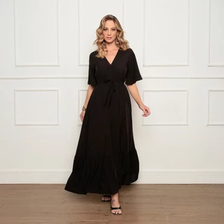 Vestido Longo Feminino Liso em Viscolinho com Elástico na Cintura e Decote em Gola V em Oferta na Shopee