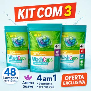 Detergente Lava Roupas Washcaps 4em1 3 Potes Com 16 Caps Lava roupa em cápsula