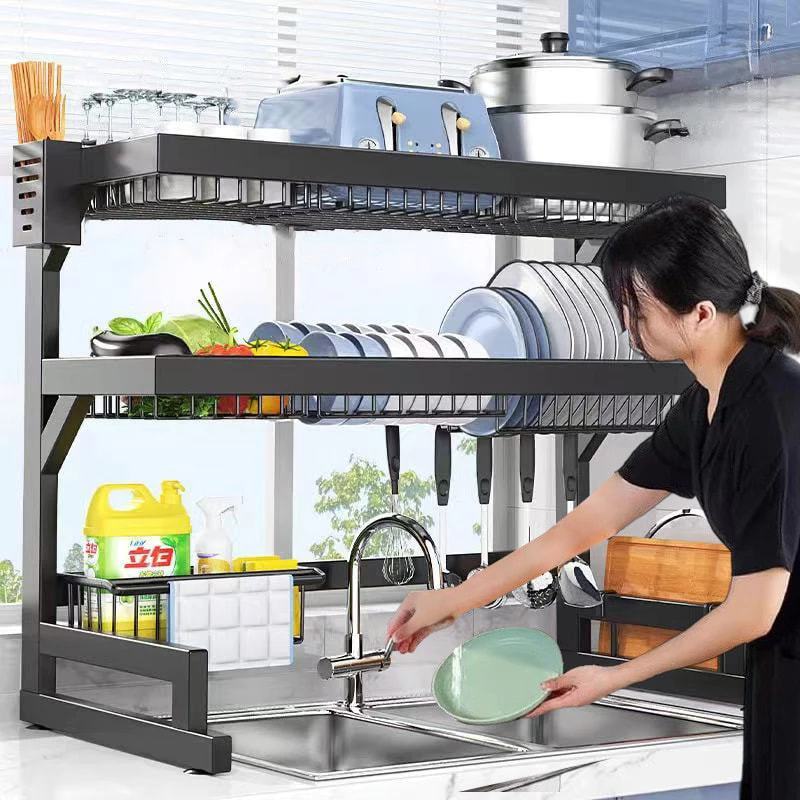 Escorredor Kitchen Rack Aço Inoxidável Organizador Louça Preto 65cm/85cm Com 4 presentes