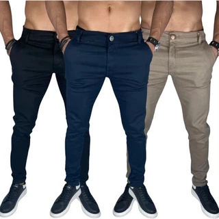 Kit 3 Calça Masculina Preto Azul e Caqui Sarja Esporte Fino Alfaiataria com Bolso Embutido
