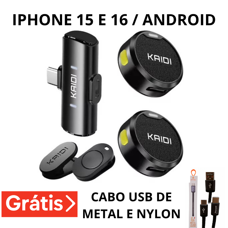 Microfone Lapela Sem Fio Magnético Kaidi Tipo-C p/ Android, iPhone 15/16 | TikTok, Reels, YouTube, Insta | Brinde Grátis