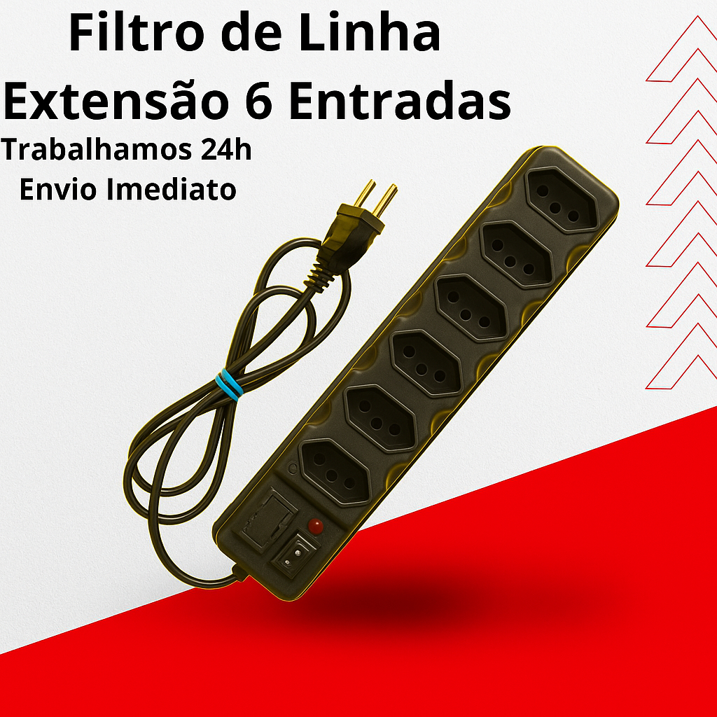 Linha Régua Cabo  Extensão Com 6 Bocas de Entrada 3 Pinos Extensão 6 Entradas Filtro