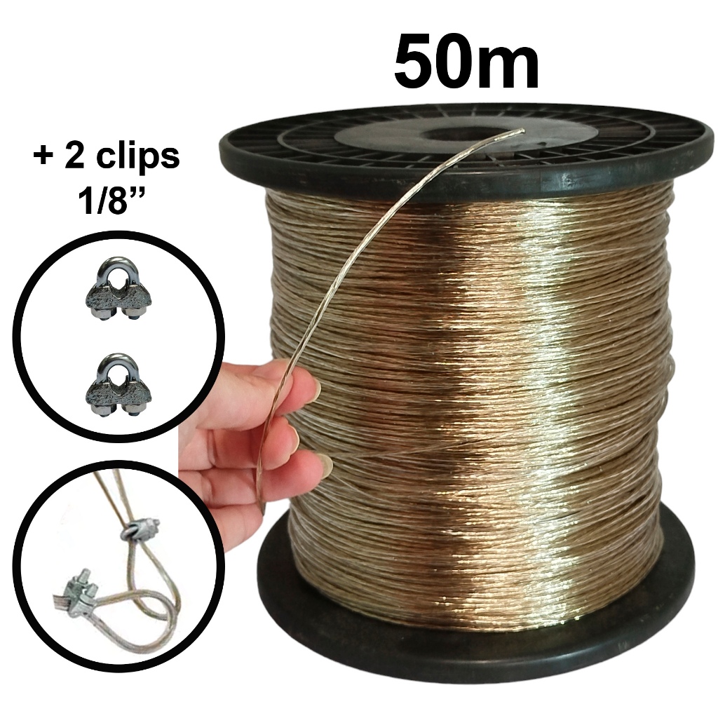 BOBINA 50M CABO DE AÇO REVESTIDO CORDA VARAL + 2 CLIPS AMARRAÇÃO LONAS ...