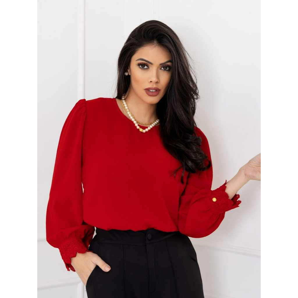 Smile Fashion blusa feminina elegante manga longa com renda tecido duna ...