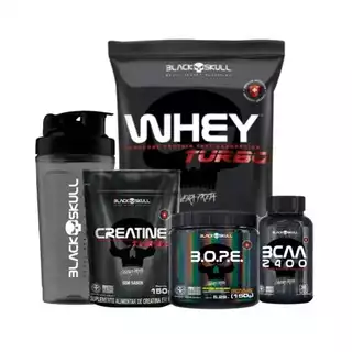 Kit Whey Turbo 907g + Creatina Turbo 150g + Pré Treino BOPE 150g + BCAA 100 Cáps + Coqueteleira 800ml - Black Skull