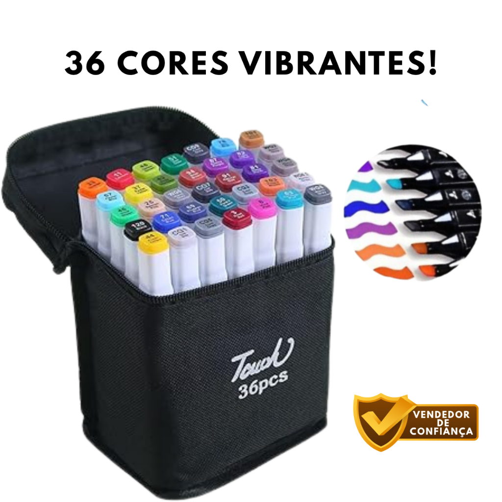 Kit Caneta Touch Colorida Marcadores Ponta Dupla 36 Cores + Estojo