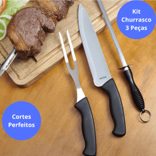 Kit Para Churrasco 3 Peças Conjunto Faca Garfo Chaira Churrasqueiro Profissional Assador Mor Oferta