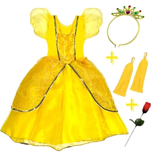 Fantasia Vestido Bela E A Fera Infantil + Rosa Coroa Luvas