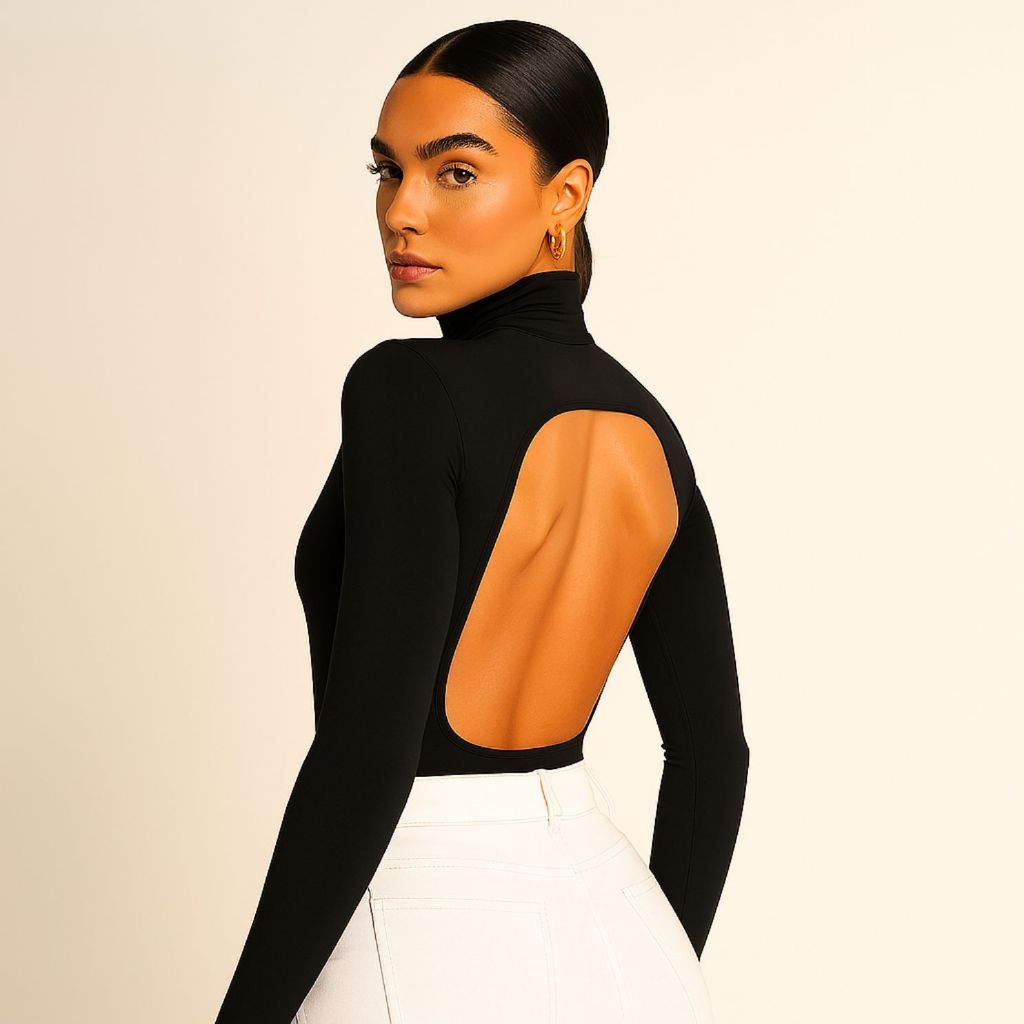 Body Feminino Paris Costas Nua Aberta Gola Alta Manga Coprida Longa ...