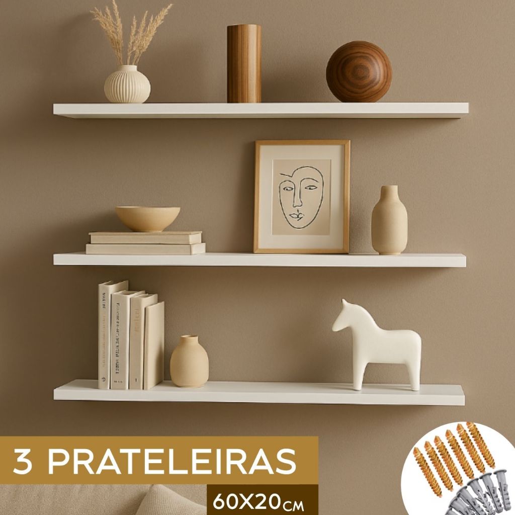 Kit 3 prateleira 60x20 decoração preto ou branco 100% mdf