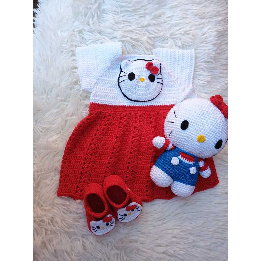 Vestido Hello Kitty em Crochê para Bebês (Acompanha Vestidinho, sapatinhos e amigurumi)