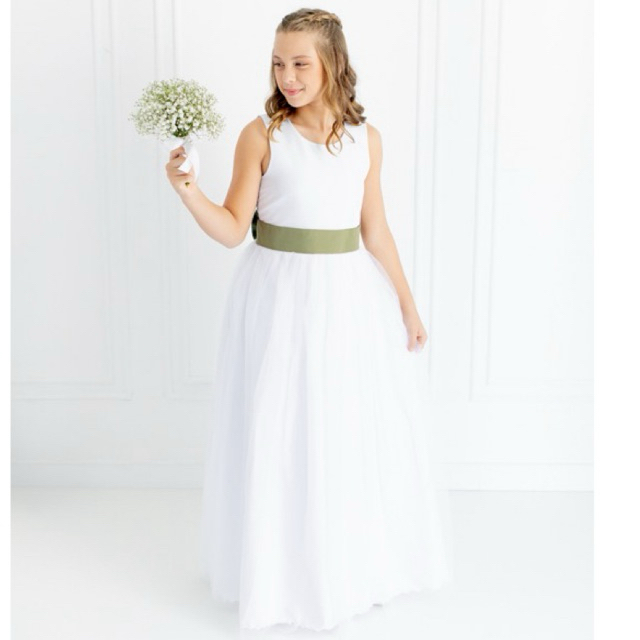 Vestido Longo Branco Dama de Honra Faixa E Laço Verde Oliva