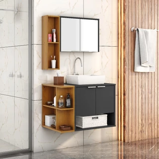 KIT Gabinete Banheiro Completo Ibiza TOP com Cuba Elevada, 2 Portas, Armário Espelheira e Nichos Laterais (avulsos)