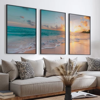 QUADRO DECORATIVO PAISAGEM MAR 3 TELAS PARA SALA, QUARTO ESCRITÓRIO