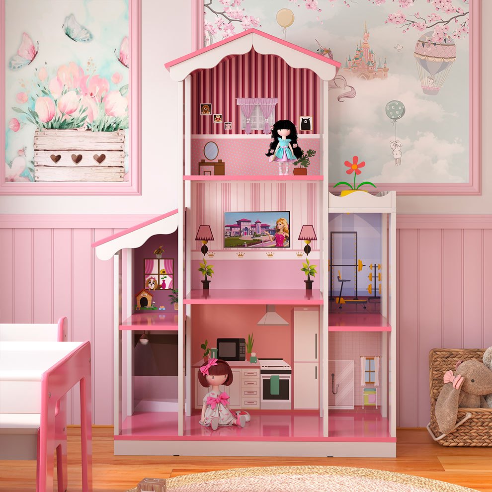 Casa de Boneca Infantil com Moveis 3D acompanha em Mdf Pintada Rosa ...
