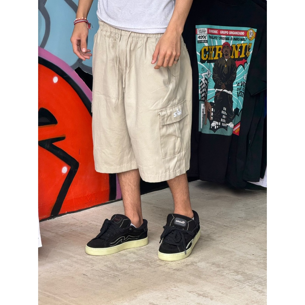 bermuda cargo sarja baggy bege larga skate balao hip hop jorts sow