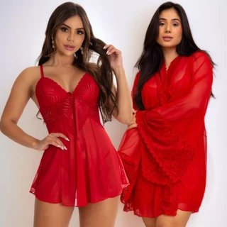 Kit Camisola com Robe de Renda e Tule Transparente Feminino Lingerie Completa Sensual em Oferta na Shopee