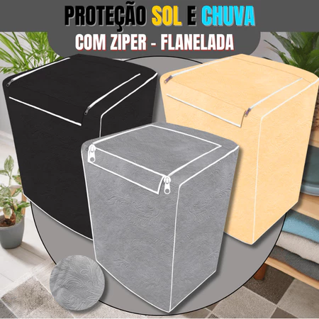 Três capas para máquina de lavar nas cores preta, cinza e bege, apresentando o design com zíper e acabamento flanelado.