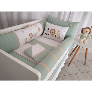 Kit Berço Americano Bordado Friends Safari 10 Peças Verde Erva doce com Branco