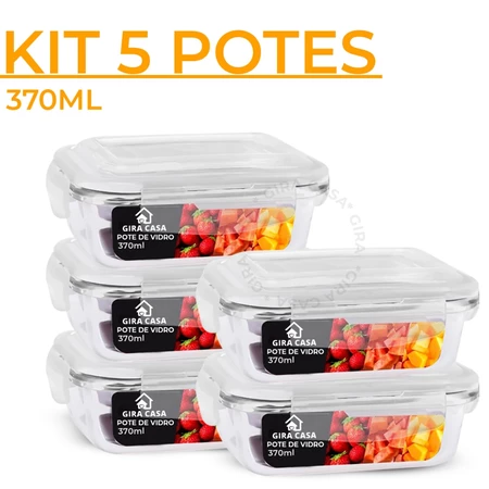 Kit 5 pote vidro 370ml marmita tampa hermética 4 travas