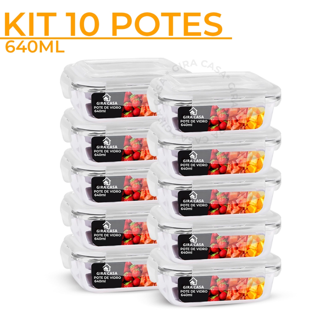 Kit 10 Potes de Vidro 640ml Hermético Marmita Fit com Tampa 4 Travas