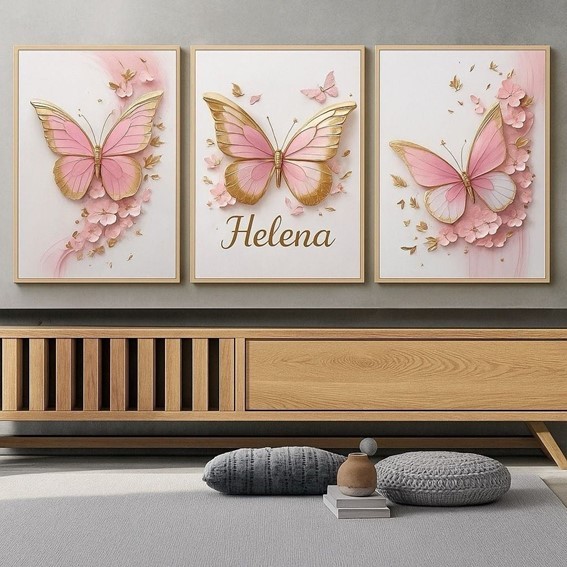 Kit 3 Quadros Decorativos Borboletas Rosas Nome Personalizado Charme e Delicadeza para seu Ambiente