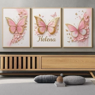 Kit 3 Quadros Decorativos Borboletas Rosas Nome Personalizado Charme e Delicadeza para seu Ambiente