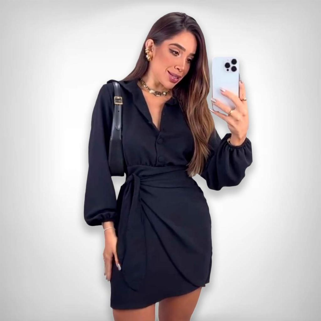 Vestido Manga Longa Bufante Transpassado Botões Social Bali
