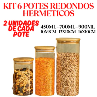 KIT 6 Potes Herméticos Tamanhos 450ML 700ML 900ML Acrílico Redondo Vedação Forte Organizadores