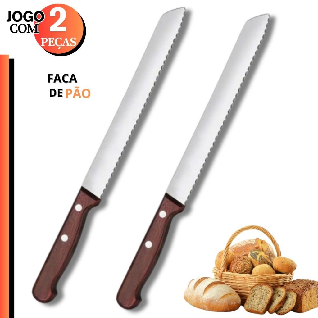 Kit Faca Pão e Bolos 2 Peças INOX Serrilhada Cabo Madeira 2 