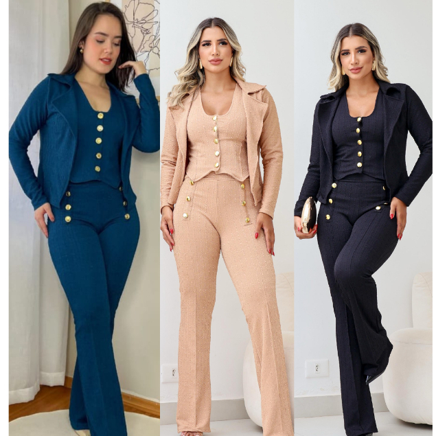 Conjunto Feminino 3 Pecas Blazer,Cropped e Calça no Tecido Jacquard ...