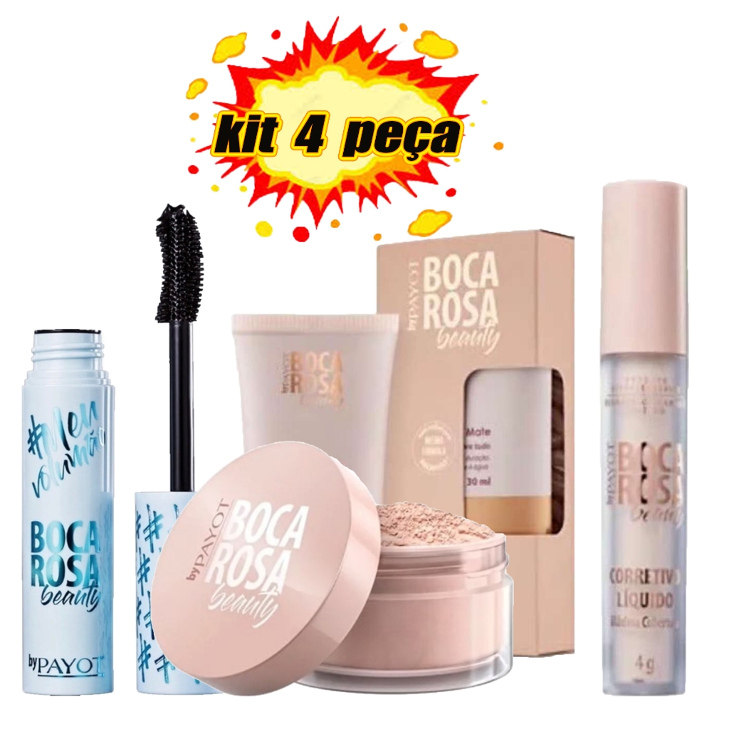 Kit Boca Rosa 4 Peças – Base + Corretivo + Pó Solto + Máscara de Cílios ...