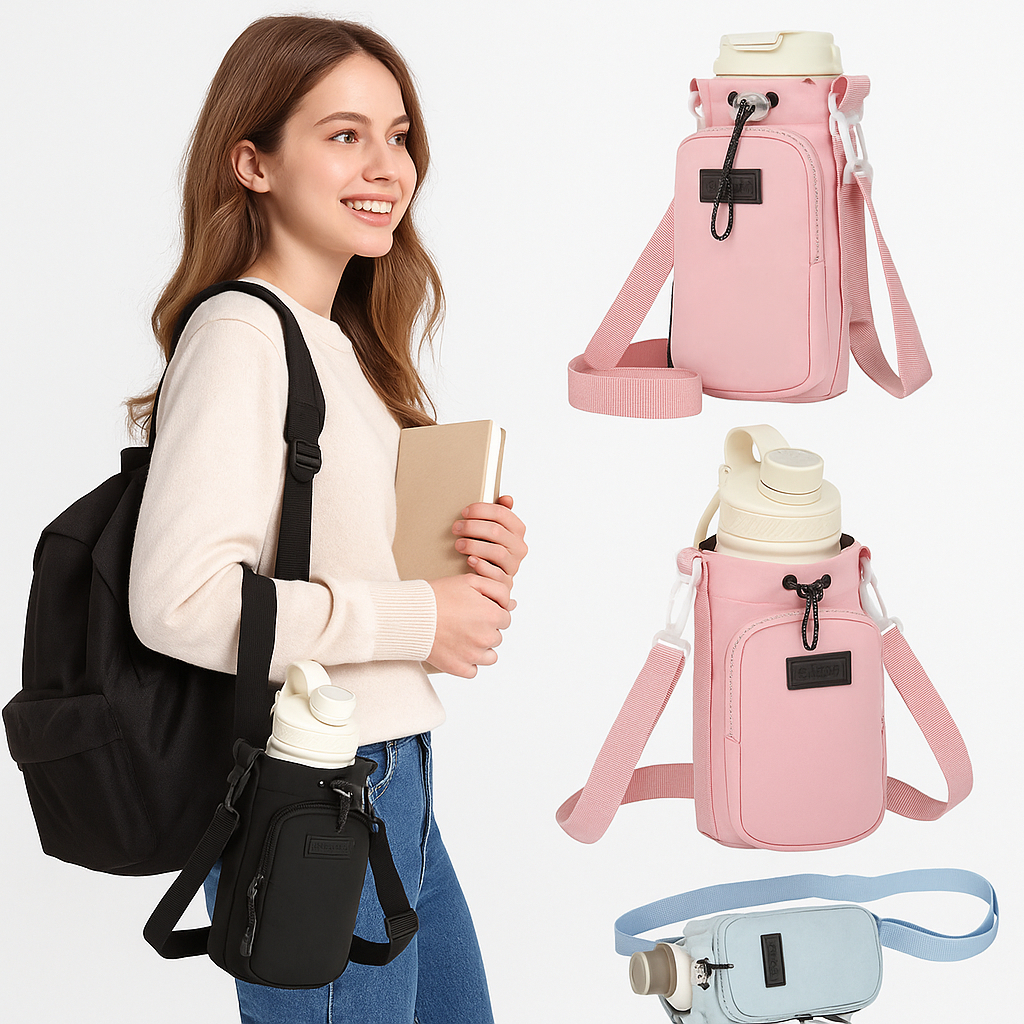 Bolsa Porta Garrafa com Alça Lateral e Zíper p/ Celular Escolar