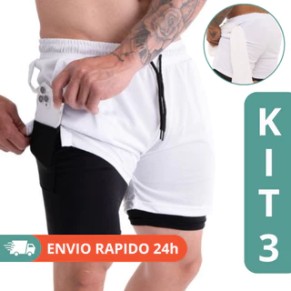 Kit 3 Shorts Masculino 2 em 1 Corrida e Academia Forrado - Academia Crossfit